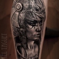Realism style black and white very detailed leg tattoo of Egypt Goddess