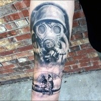 Realism style black and wite soldier with gas mask tattoo on forearm