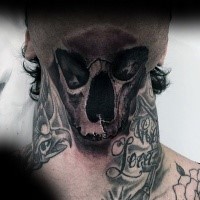 Realism style black ink neck tattoo of human skull