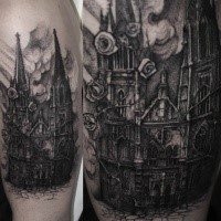 Realism style black ink shoulder tattoo of antic cathedral and roses