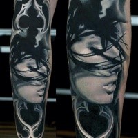 Realism style colored arm tattoo of seductive woman