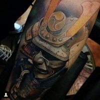 Realism style colored arm tattoo of incredible looking samurai suit