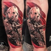 Realism style colored arm tattoo of creepy Jason with axe