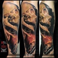 Realism style colored arm tattoo of human skull with bulb