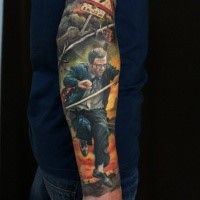 Realism style colored arm tattoo of running man with burning city