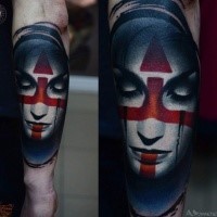 Realism style colored arm tattoo of tribal woman face