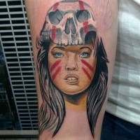 Realism style colored arm tattoo of Tribe woman with skull