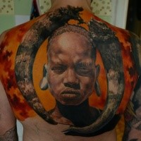Realism style colored back tattoo of ancient tribe man