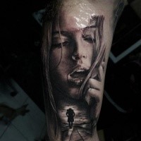 Realism style colored biceps tattoo of seductive woman face
