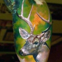 Realism style colored biceps tattoo of very detailed deer