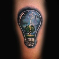Realism style colored bulb with tree and lightening