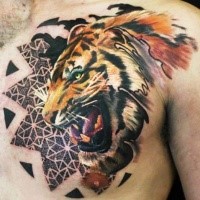 Realism style colored chest tattoo of roaring tiger and ornaments