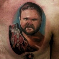 Realism style colored chest tattoo of fighter with champion belt portrait