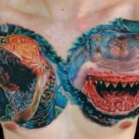 Realism style colored chest tattoo of realistic snake with shark