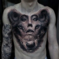 Realism style colored chest tattoo of bears head with woman face