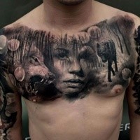 Realism style colored chest tattoo of woman in forest with wolf