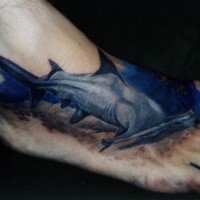 Realism style colored foot tattoo of shark