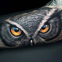 Realism style colored forearm tattoo of detailed owl look