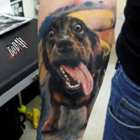 Realism style colored forearm tattoo of beautiful dog