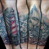 Realism style colored forearm tattoo of lighthouse with sailing ship and waves