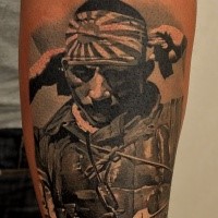 Realism style colored forearm tattoo of Japan kamikaze warrior