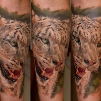 Realism style colored forearm tattoo of leopard