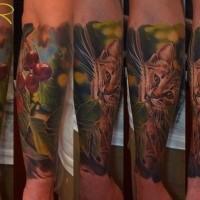 Realism style colored forearm tattoo of wild cat with cherries