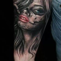 Realism style colored forearm tattoo of woman portrait