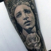 Realism style colored forearm tattoo of crying woman with rose