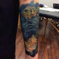 Realism style colored forearm tattoo of drowned woman with fishes