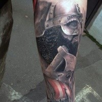 Realism style colored forearm tattoo of medieval warrior