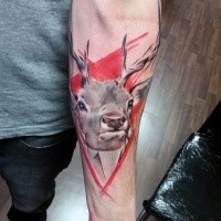 Realism style colored forearm tattoo of deers head