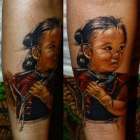 Realism style colored forearm tattoo of small Asian girl