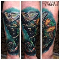 Realism style colored forearm tattoo of cool chameleon