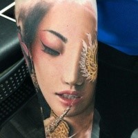 Realism style colored forearm tattoo of Asian geisha