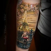 Realism style colored forearm tattoo of night Paris with kissing couple and Eiffel tower