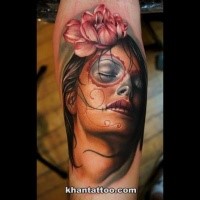Realism style colored forearm tattoo of woman with pink rose