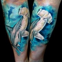 Realism style colored forearm tattoo of hammerhead shark