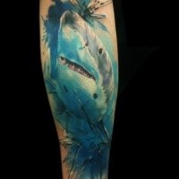 Realism style colored forearm tattoo of big blue shark