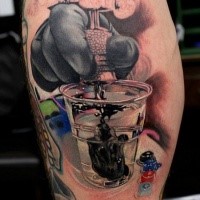 Realism style colored glass of water with black ink tattoo