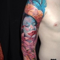 Realism style colored half sleeve tattoo of woman portrait with flowers