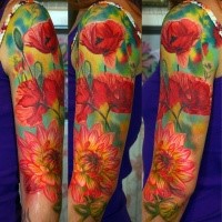 Realism style colored large sleeve tattoo of various flowers