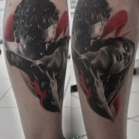 Realism style colored leg tattoo of seductive couple