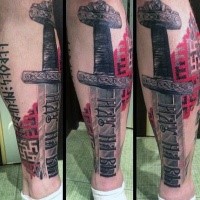 Realism style colored leg tattoo of ancient sword with lettering