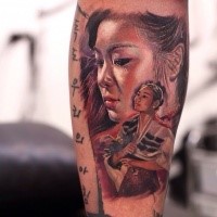 Realism style colored leg tattoo of Asian geisha portrait