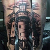 Realismus Stil farbiges Bein Tattoo mit großem Leuchtturm