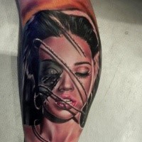 Realism style colored leg tattoo of woman face with rope