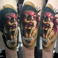 Realism style colored leg tattoo of woman with red eye line