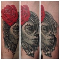 Realism style colored Mexican woman portrait with red rose