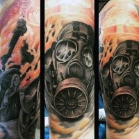 Realism style colored nuclear blast tattoo on shoulder stylized with man in gas mask